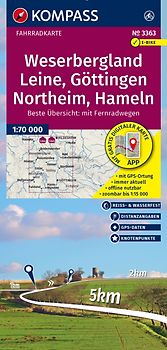 KOMPASS Fahrradkarte 3363 Weserbergland, Leine, Göttingen, Northeim, Hameln mit Knotenpunkten 1:70.000