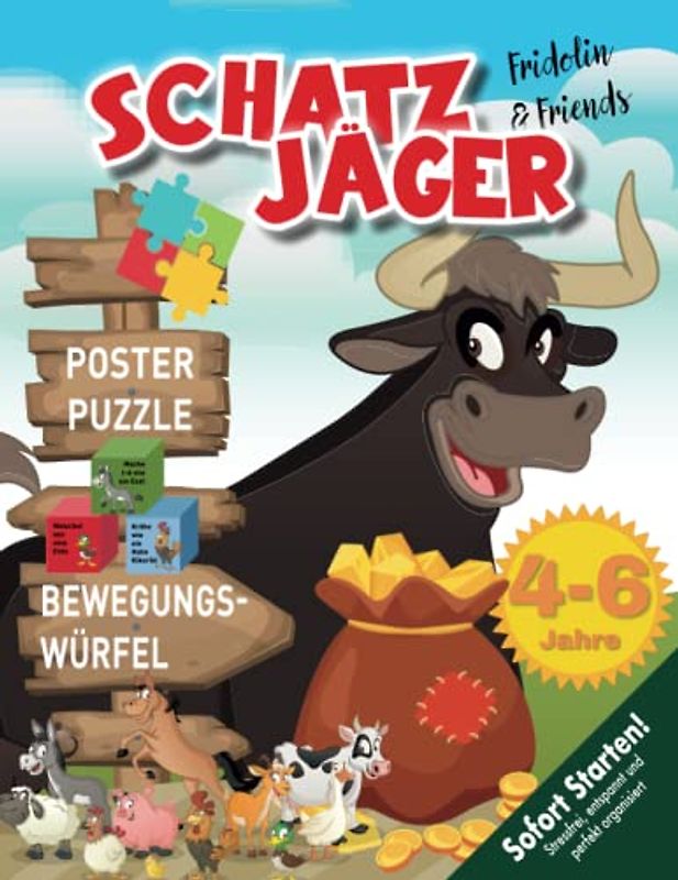 Die Schatzjäger - Tierische Schnitzeljagd (Kindergeburtstag 4-6 Jahre): Erlebe eine kreative Schatzsuche mit Fridolin & Friends mit Bewegungswürfel, kniffligen Rätseln, Spielen (Bravo Schatzsuche)