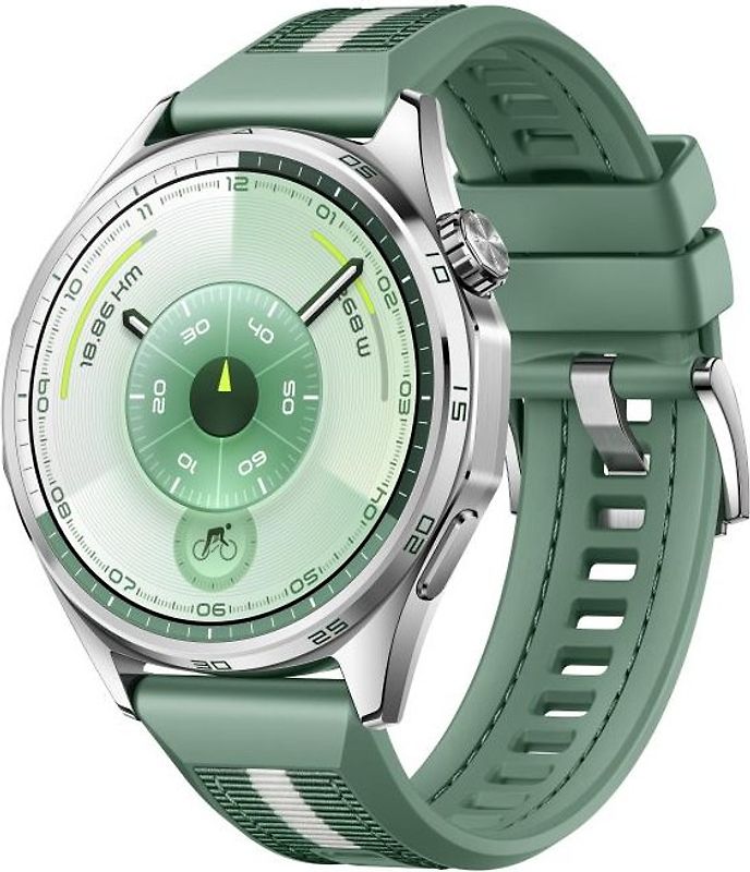 Huawei Watch GT 6 46 mm boîtier en acier inoxydable argent avec bracelet en fluoroélastomère vert