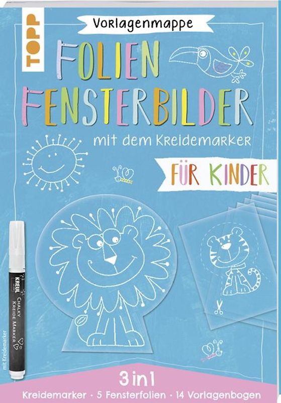 Vorlagenmappe 3 in 1 - Folien-Fensterbilder mit dem Kreidemarker - Für Kinder. Inkl. 5 Fensterfolien zum Bemalen und Ausschneiden und Original Kreidemarker von Kreul.