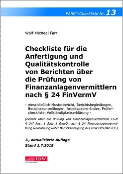 Checkliste 13 für die Anfertigung und Qualitätskontrolle von Berichten über die Prüfung von Finanzanlagenvermittlern nach § 24 FinVermV