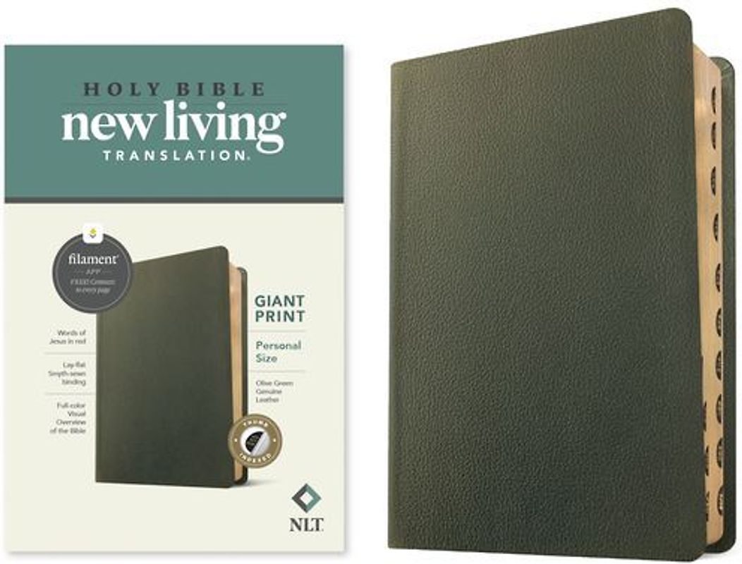 NLT Personal Size Giant Print Bible, Filament Enabled (Genuine Leather, Olive Green, Indexed, Red Letter)