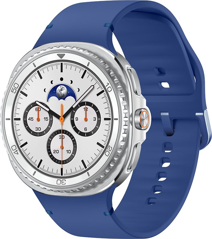 Samsung Galaxy Watch8 Classic 46 mm Boîtier aluminium blanc sur Sport en silicone M/L bleu nuit [Wi-Fi + 4G]