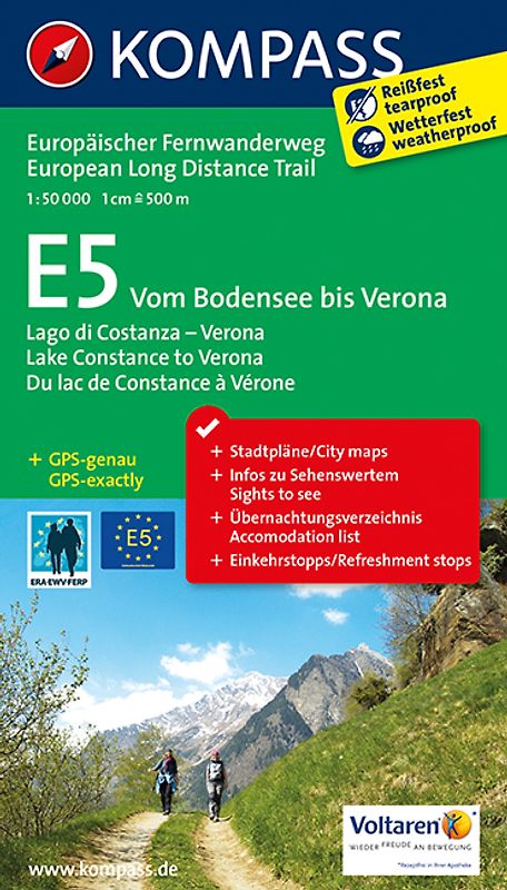 KOMPASS Wander-Tourenkarte Europäischer Fernwanderweg E5 Vom Bodensee bis Verona 1:50.000