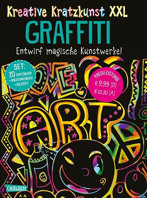 Kreative Kratzkunst XXL: Graffiti: Set mit 20 Kratztafeln, Mappe, Anleitungsbuch und Holzstift