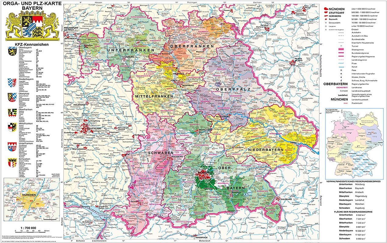 Bayern politisch mit Postleitzahlen. Wandkarte / Poster