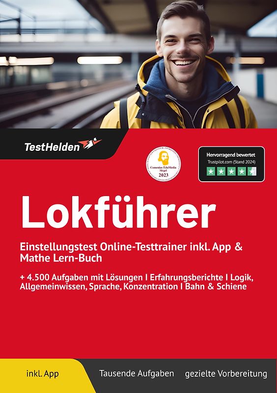Lokführer Einstellungstest: Online-Testtrainer inkl. App & Mathe Lern-Buch | + 4.500 Aufgaben mit Lösungen I Erfahrungsberichte I Logik, Allgemeinwissen, Sprache, Konzentration I Bahn & Schiene