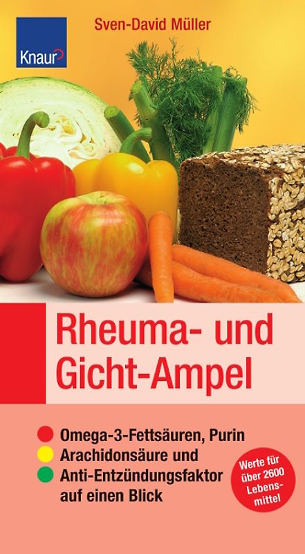 Rheuma- und Gicht-Ampel. Omega-3-Fettsäuren, Purin, Arachidonsäure und Anti-Entzündungsfaktor auf einen Blick; Sticker: Werte für über 2600 Lebensmittel