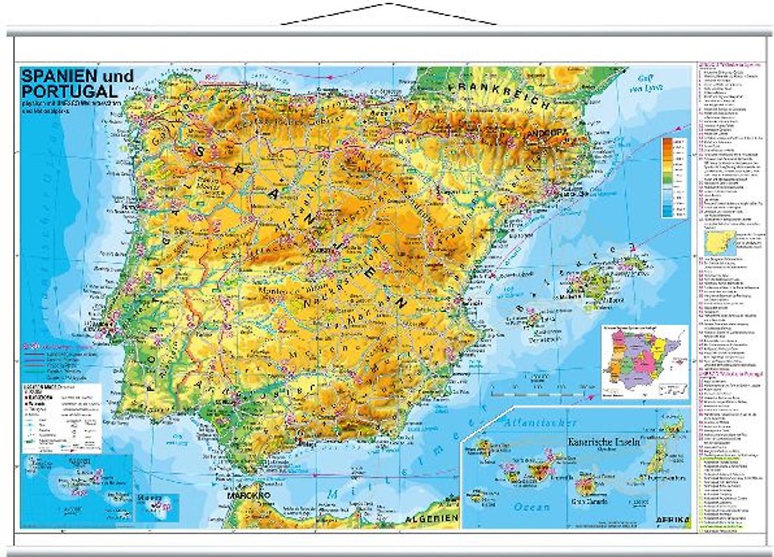 Spanien und Portugal physisch. Wandkarte