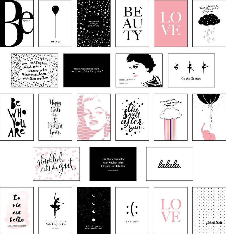 Schönes Postkarten Set mit 25 modernen und stylishen Postkarten zum Dekorieren oder Verschenken. Feminine Bilder, Sprüche und Statements für Frauen. Hochwertige Spruchkarten in dekorativer Box.