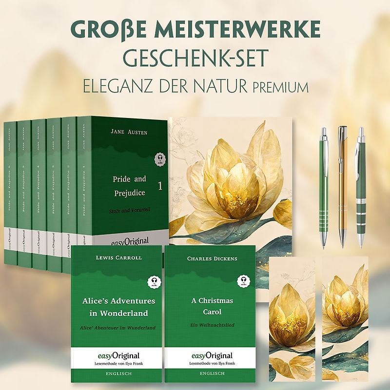 Große Meisterwerke Geschenkset - 8 Bücher (Softcover+ Audio-Online) + Eleganz der Natur Schreibset Premium