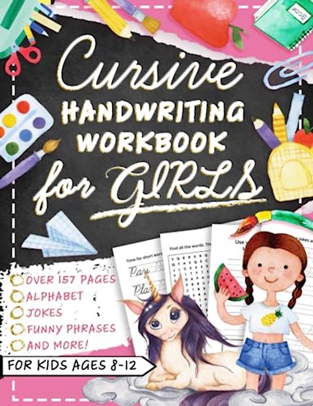 Cursive Handwriting Workbook for Kids Ages 8-12 with Jokes & Riddles for Girls: Penmanship Practice Paper and Script Writing Book for Beginners