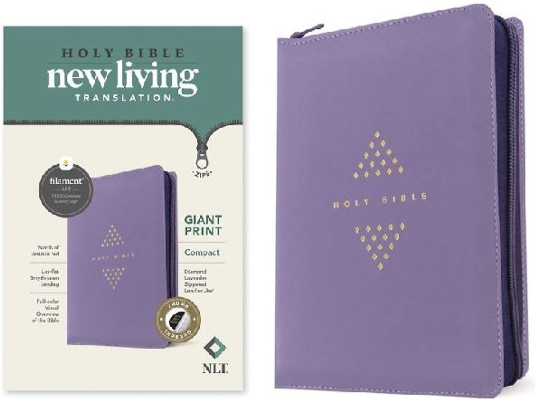 NLT Compact Giant Print Zipper Bible, Filament Enabled (Leatherlike, Diamond Lavender, Indexed, Red Letter)
