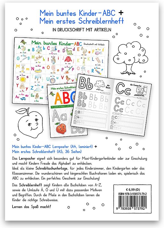 Mein buntes Kinder-ABC DIN A4 laminiert + Mein erstes Schreiblernheft - Set in Druckschrift