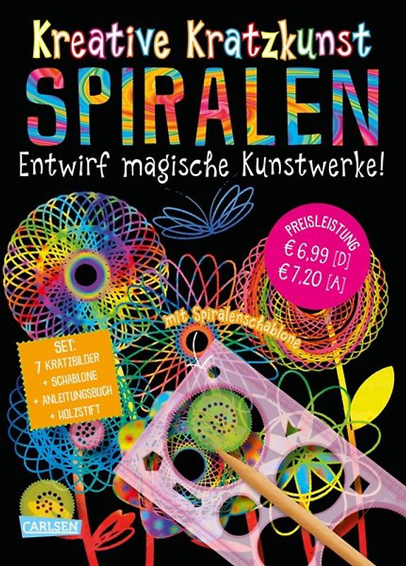 Kreative Kratzkunst: Spiralen: Set mit 7 Kratztafeln, Spirograph, Anleitungsbuch und Holzstift