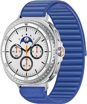 Samsung Galaxy Watch8 Classic 46 mm Boîtier aluminium blanc sur Confort S/M bleu nuit [Wi-Fi + 4G]