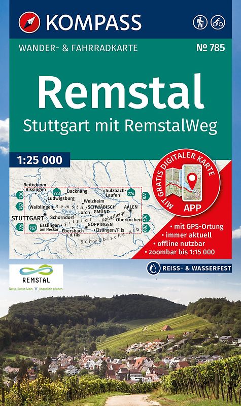 KOMPASS Wanderkarte 785 Remstal, Stuttgart, mit RemstalWeg 1:50.000
