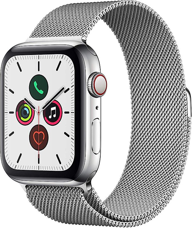 Apple Watch Series 5 44 mm boîtier en acier inoxydable argent am Milanaise bracelet argent [Wi-Fi + Cellulaire]
