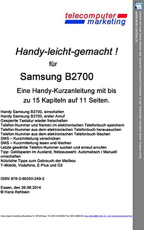 Samsung B2700-leicht-gemacht. Handy-leicht-gemacht für Samsung B2700