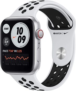 Apple Watch Nike SE 44 mm boîter aluminium argent et bracelet sport Nike pure platinum/noir [Wi-Fi + Cellulaire]