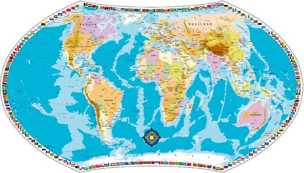 Politische Weltkarte mitphysischen Komponenten für Erwachsene und Kinder. Planokarte in Hülse gerollt, Mehrfarbendruck, flächig glänzend lackiert, abwaschbar