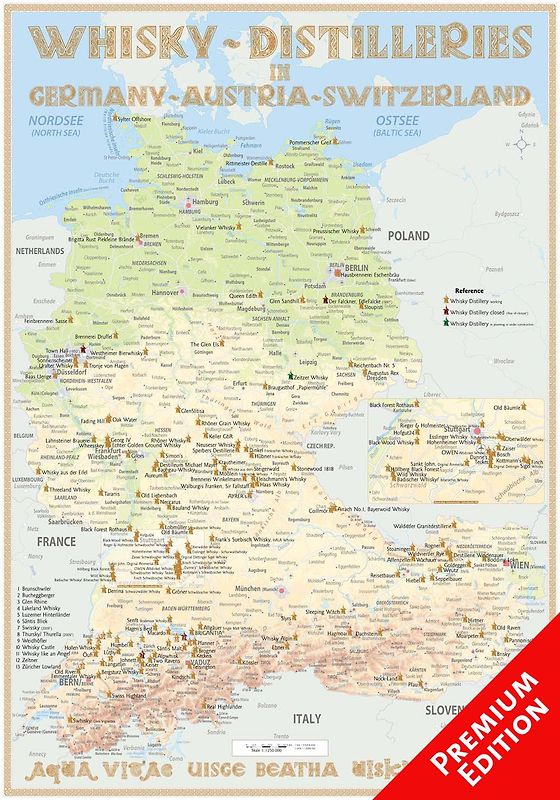 Whisky Distilleries Germany, Austria and Switzerland - Poster 70x100cm Premium Edition