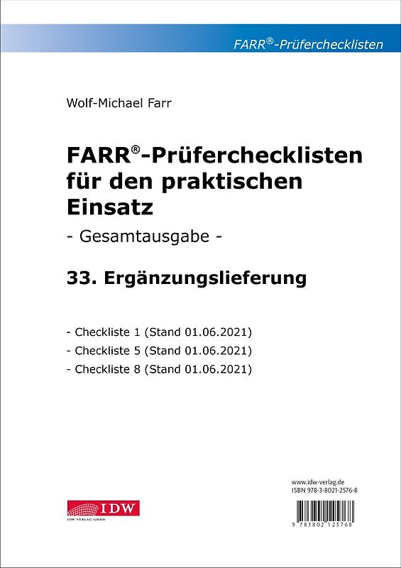 Farr, Prüfercheckl. 33. Erg.Lief. z. Grundwerk, inkl. CL 1,5 + 8
