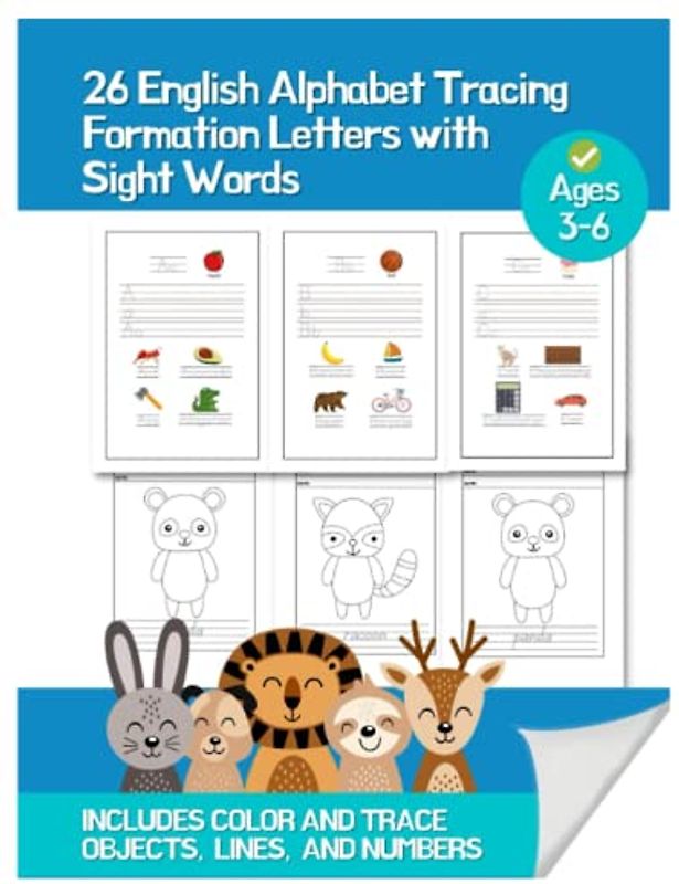 26 English Alphabet Tracing Formation Letters with Sight Words & Coloring Ages 3-6 Includes Color and Trace Objects, Lines, and Numbers