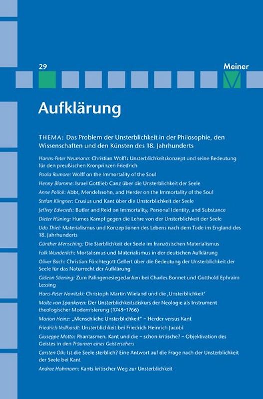 Aufklärung, Band 29: Das Problem der Unsterblichkeit in der Philosophie, den Wissenschaften und den Künsten des 18. Jahrhunderts