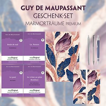 Guy de Maupassant Geschenkset - 4 Bücher (mit Audio-Online) + Marmorträume Schreibset Premium