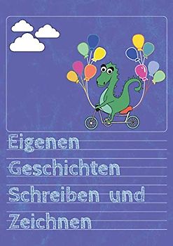 Eigenen Geschichten Schreiben und Zeichnen: Geschichtenheft A4 | 64 Seiten | Lineatur 4 | Kreativen Schreiben für Kinder | Lila Dinosaurier