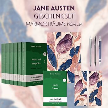 Jane Austen Geschenkset - 7 Bücher (Hardcover + Audio-Online) + Marmorträume Schreibset Premium