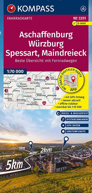 KOMPASS Fahrradkarte 3351 Aschaffenburg, Würzburg, Spessart, Maindreieck 1:70.000