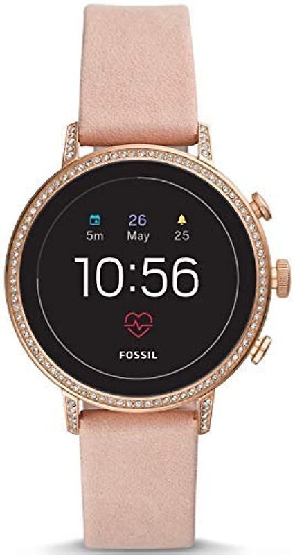 Fossil Venture HR 40 mm or rosé avec strass et et bracelet en cuir rose [Wi-Fi, 4. génération]