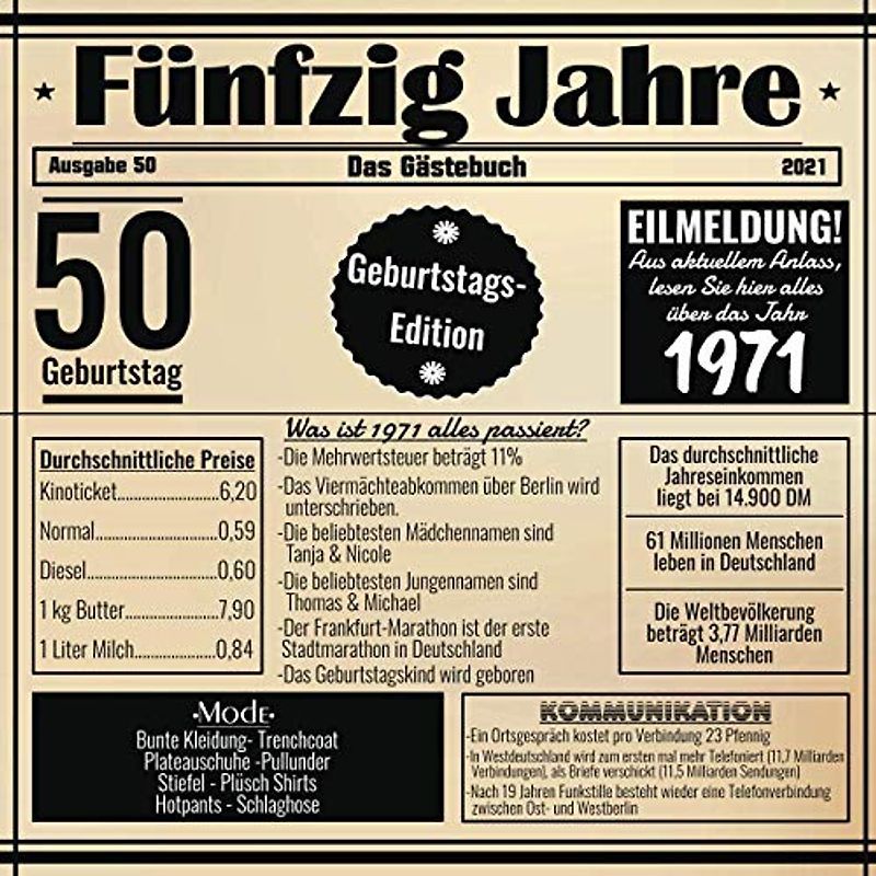 Fünfzig Jahre Das Gästebuch: Zum 50 Geburtstag / Geburtsjahr 1971 / Zeitung Design Mit Ereignissen Im Jahre 71 / Geschenk Und Geburtstagsdeko / Platz Für Glückwünsche Und Fotos