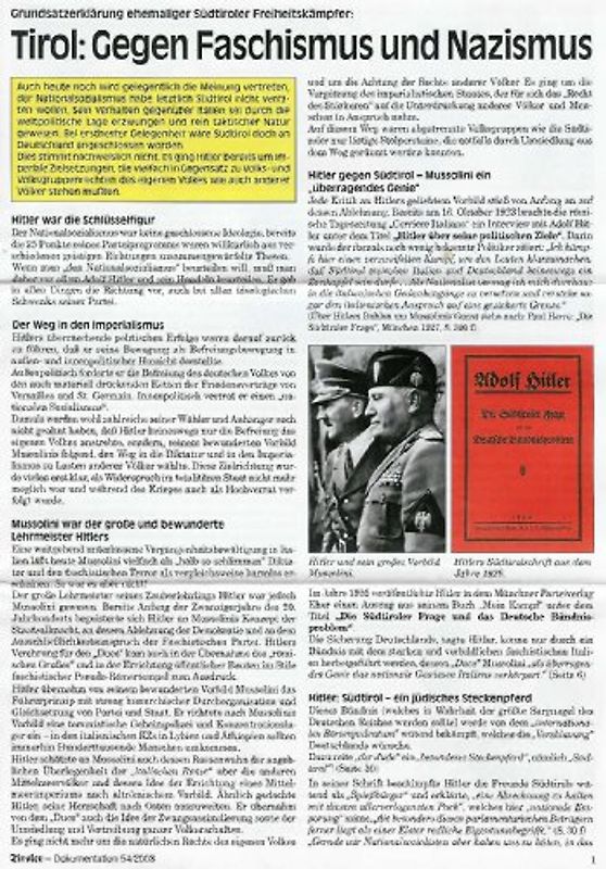 Der Tiroler - Gegen Faschismus und Nazismus. Grundsatzerklärung ehemaliger Südtiroler Freiheitskämpfer