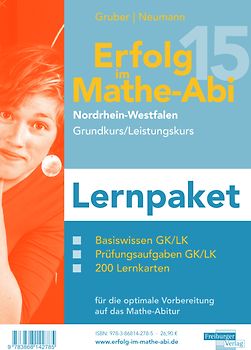 Erfolg im Mathe-Abi 2015 Lernpaket NRW Grundkurs / Leistungskurs. Im Paket noch günstiger durch Reihenrabatt. Enthält das Übungsbuch für das Basiswissen, das Prüfungsaufgabenbuch für das Abitur mit eigenen Aufgaben auf Prüfungsniveau, die Original Mathe-Mind-Map für Nordrhein-Westfalen sowie die Lernkarten für Nordrhein-Westfalen mit den wichtigen Formeln fürs Abitur.