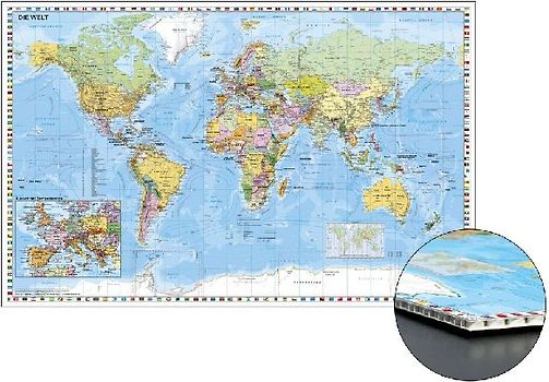 Weltkarte mit Ausschnitt Zentraleuropa zum Pinnen auf Wabenplatte