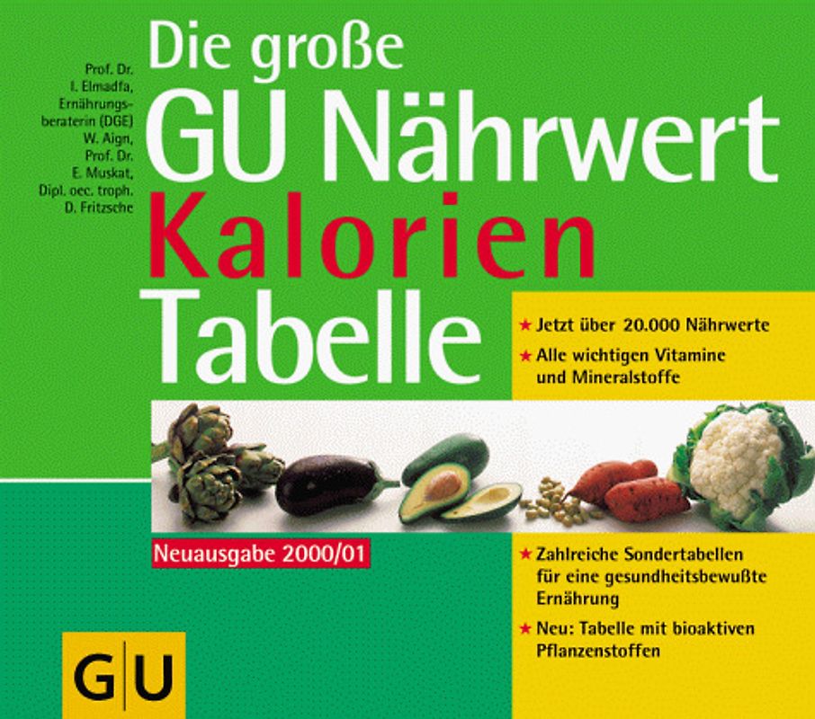 Die grosse GU Nährwert Kalorien Tabelle 2000/2001. Jetzt über 20000 Nährwerte. Alle wichtigen Vitamine und Mineralstoffe. Zahlreiche Sondertabellen für eine gesundheitsbewusste Ernährung. Tabelle mit bioaktiven Pflanzenstoffe.