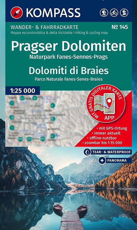 KOMPASS Wanderkarte 145 Pragser Dolomiten, Naturpark Fanes-Sennes-Prags / Dolomiti di Braies, Parco Naturale Fanes-Senes-Braies 1:25.000