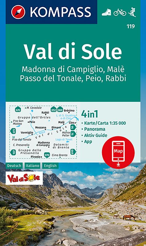 KOMPASS Wanderkarte 119 Val di Sole, Madonna di Campiglio, Malè, Passo del Tonale, Peio, Rabbi 1:35.000