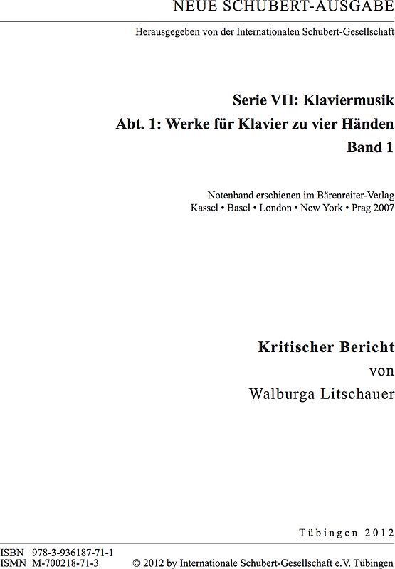 Neue Schubert-Ausgabe. Kritische Berichte / Werke für Klavier zu vier Händen I