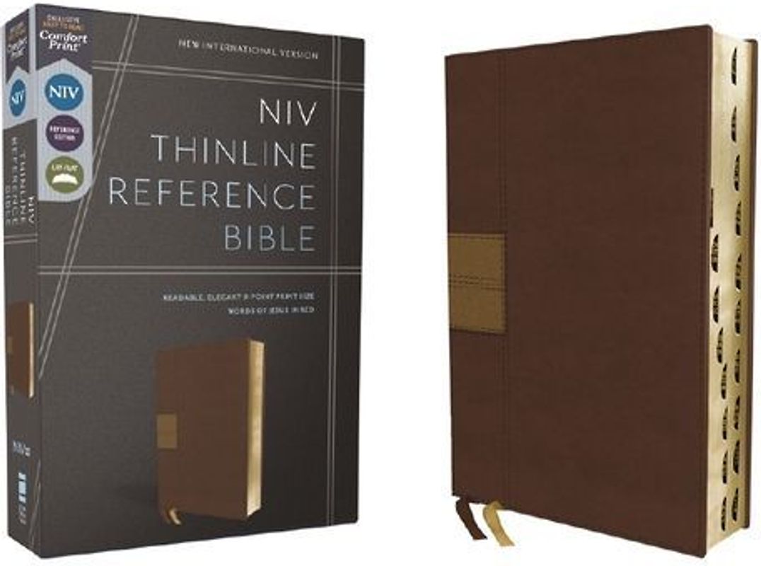 Niv, Thinline Reference Bible (Deep Study at a Portable Size), Leathersoft, Brown, Red Letter, Thumb Indexed, Comfort Print