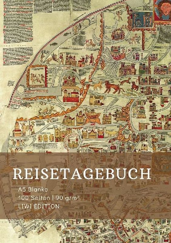 Reisetagebuch zum Selberschreiben - A5 blanko - 100 Seiten 90g/m² - Soft Cover - Motiv Ebstorfer Weltkarte - FSC Papier