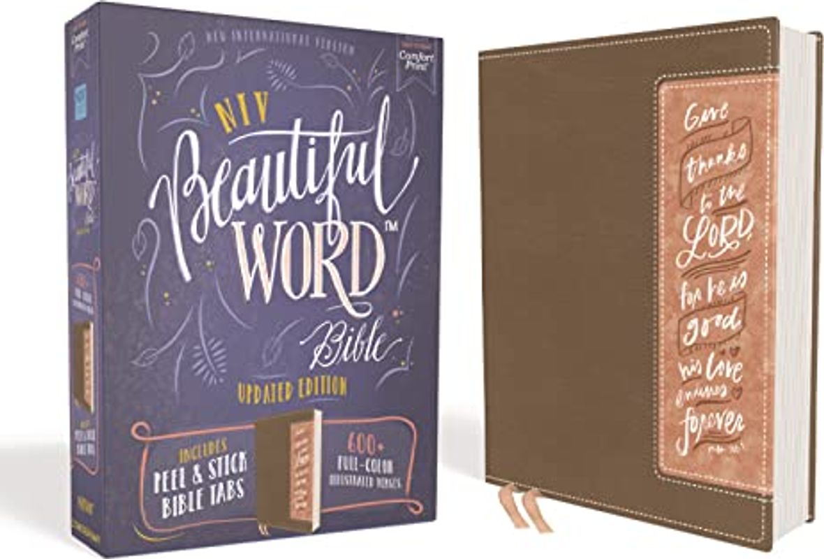 NIV, Beautiful Word Bible, Updated Edition, Peel/Stick Bible Tabs, Leathersoft, Brown/Pink, Red Letter, Comfort Print: 600+ Full-Color Illustrated Verses