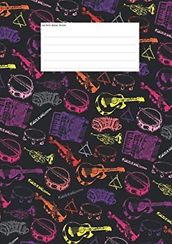 Hefte - Blöcke - Notizen: Notenheft DIN A4 Musikinstrumente bunter Mix Dark , 50 Seiten, 12 Systeme, DIN A4