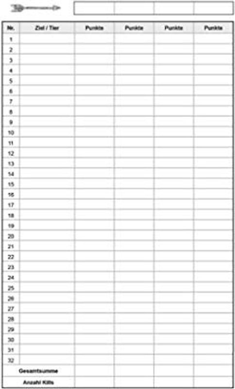 3D Parcour Punkteblatt / Score Sheet: Zum eintragen der Punkte auf dem Bogenparcour: Punkteblatt für 4 Personen & 32 Ziele - 100 Stück | DIN A6