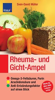 Rheuma- und Gicht-Ampel. Omega-3-Fettsäuren, Purin, Arachidonsäure und Anti-Entzündungsfaktor auf einen Blick; Sticker: Werte für über 2600 Lebensmittel