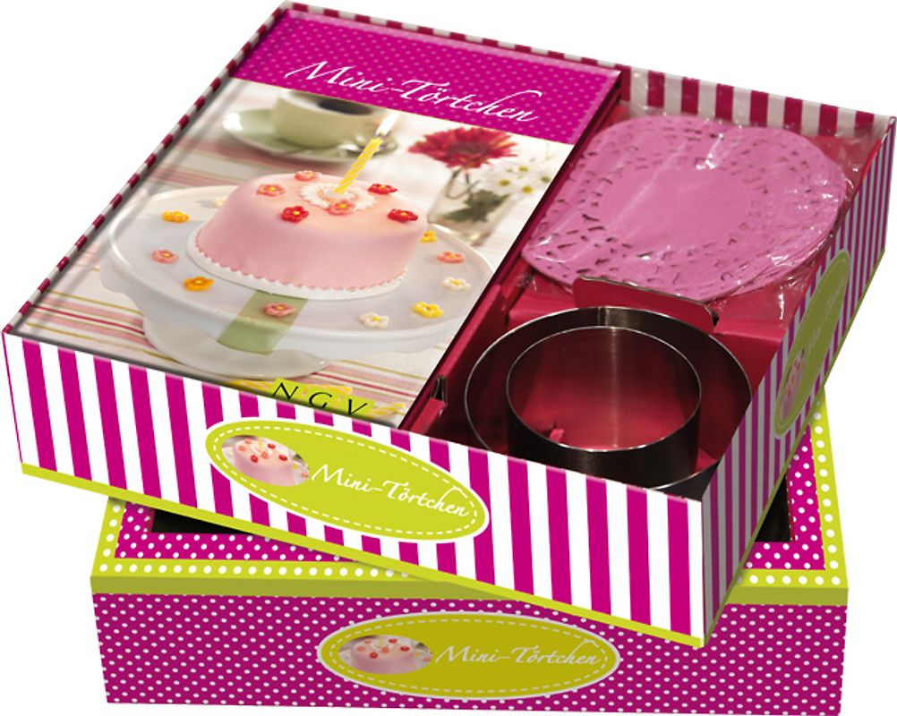 Buch-Box Mini-Törtchen. Rezeptbuch + 2 Kuchenringen & rosa Tortenspitzen