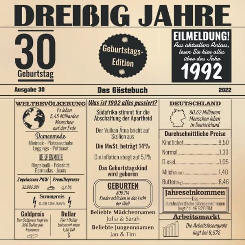 Dreißig Jahre Das Gästebuch: Zum 30 Geburtstag / Geburtsjahr 1992 / Zeitung Design Mit Ereignissen Im Jahre 92 / Geschenk Und Geburtstagsdeko / Platz Für Glückwünsche Und Fotos